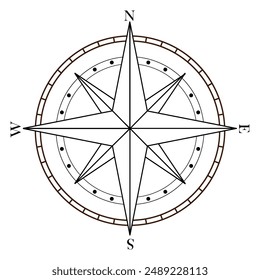 Nautical compass icon. Vintage navigation instrument Wind Rose. Element for tourist cards. Navigation arrow symbols.