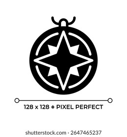 Nautical compass pixel perfect glyph solid icon. Vintage vessel navigation tool. Maritime device indicating direction. Black silhouette symbol on negative space. Vector isolated illustration