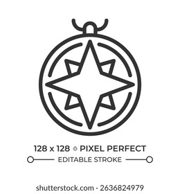 Nautical compass pixel perfect line icon. Vintage vessel navigation. Maritime device indicating direction. Isolated vector illustration. Outline symbol. Simple linear drawing. Editable stroke