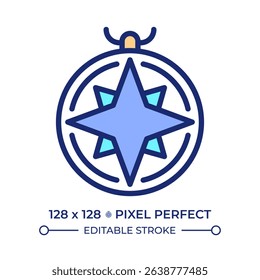 Nautical compass pixel perfect line color icon. Vintage vessel navigation tool. Maritime device indicating direction. Isolated vector illustration. Flat colorful symbol design. Editable stroke