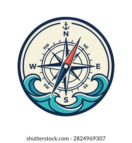 Nautical compass rose emblem with ocean waves and anchor. A circular emblem featuring a detailed compass rose with an anchor icon at the north position, framed by stylized blue ocean waves. Ideal for travel or adventure themed logos.