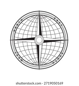 Nautical compass rose with global grid lines. Map navigation symbol featuring cardinal points. Vintage geography icon for travel and discovery. Circular orientation tool illustration.