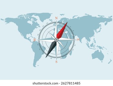 Nautical Compass windrose on world map background. Global travel, tourism, exploration conceptual, Vector illustration.