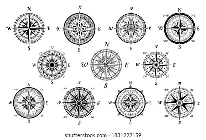 Nautical compasses vintage set. Wind rose medieval tools. Geographical retro marine navigation equipment for orientation at sea, ocean. Vector collection illustration isolated on white background.