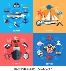 Nautical concept icons set with seafood and sea port symbols flat isolated vector illustration