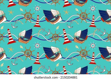 Nautical concept seamless pattern with rope, sailboat, ship wheel, lighthouse, anchor, marine elements, icons