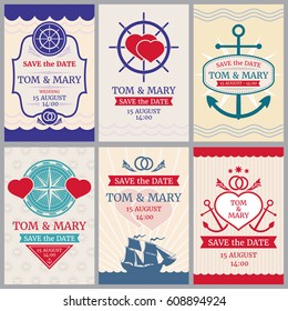 Nautical congratulations vector backgrounds for wedding invitation with anchor and sea design. Card event wedding, illustration of invitation wedding in sea style design