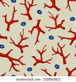 Nautical Coral seamless pattern. Illustration of red coral and sand dollars on a sandy beach background. Ocean themed pattern for fabrics, gift wrapping, stationary, and interior design.