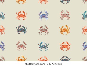 Nautical crab seamless pattern, bright colors dopamine design in blue, red, orange, green, beige. Geometric art element shapes background for wallpaper, unisex dressing, home decor