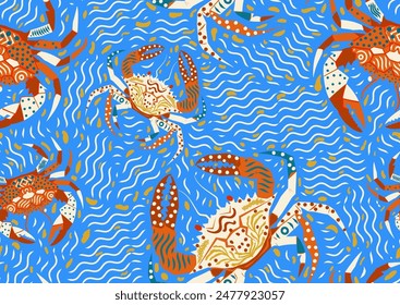 Nautical crabs and waves seamless pattern, bright colors dopamine design in blue, red, orange, green, beige. Geometric art elements on organic shapes background for wallpaper, dressing, home decor
