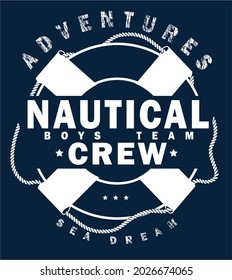 Nautical crew. Marine text Print for t shirt with lifebuoy on navy background. Vector illustration.