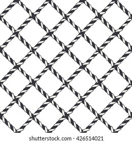 Nautical crossed rope seamless pattern. Endless navy illustration with blue fishing net ornament and crossing cord on white backdrop. Trendy maritime style background. For fabric, wallpaper, wrapping