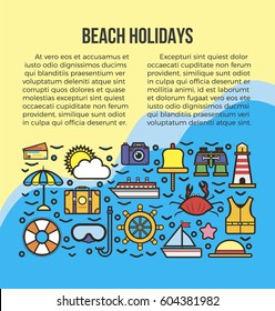 Nautical cruise elements set web banner add text. Vector colorful collection of necessary clothes and things for voyage and means of transportation by sea. Marine template in flat style design