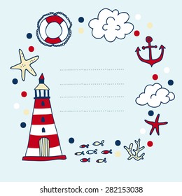 Nautical cute set with lighthouse in cartoon vector style with place for your text