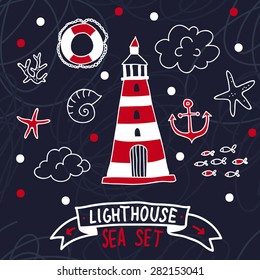 Nautical cute set with lighthouse in cartoon vector style