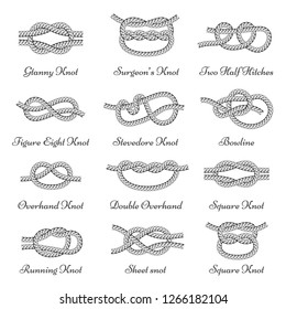 Nautical decorative rope knots, set with names. Complex knots of different patterns. Vector flat style cartoon illustration isolated on white background