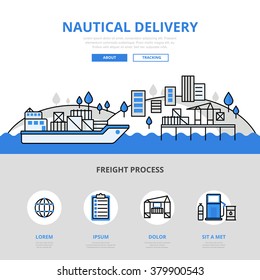 Nautical delivery water transport concept flat line art vector icon. Modern website infographics illustration hero image web banner printed material. Line art collection.