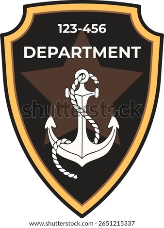 Nautical department logo showcasing an anchor entwined with rope, positioned centrally on a five pointed star against a shield shaped backdrop, incorporating a departmental number
