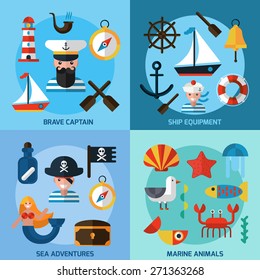 Nautical design concept set with captain ship equipment marine animals flat icons isolated vector illustration