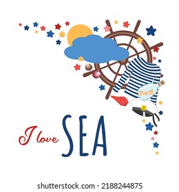 Nautical design with copy space. Marine objects - steering wheel, sailor`s cap, message in a bottle. I love sea text. Nautical vibe vector illustration flat cartoon drawing.