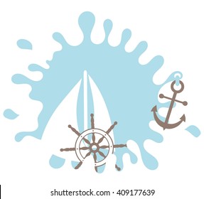 Nautical design element. Rudder. Splash. Anchor. Design element. Isolated on white