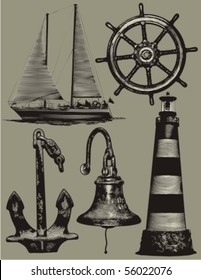 Nautical design elements: anchor, sailboat, lighthouse, steering wheel, bell.