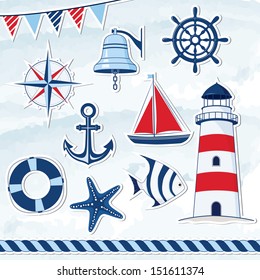 Nautical design elements: anchor, starfish, wheel, boat, fish, rope, bell, lifebuoy, lighthouse, flag, compass
