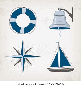 Nautical design elements: boat, bell, lifebuoy, compass. Marine illustration.