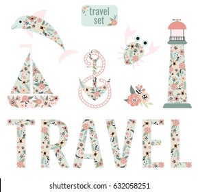 Nautical design elements with lighthouse, dolphin, anchor, boat, crab and the word "travel" with a flower pattern.