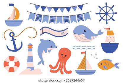 Nautical design elements set with charming sea creatures, marine flag string, aquatic vessels and buildings. Oceanic journey, maritime adventure and sailing decorative collection vector illustration