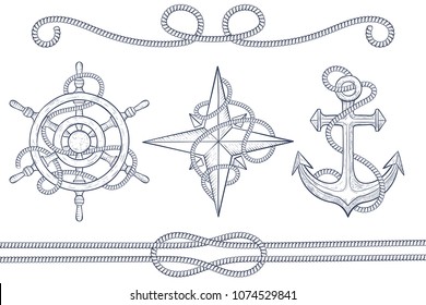 Nautical design elements. Steering wheel, windrose, anchor with rope. Hand drawn sketch. Vector illustration isolated on white background