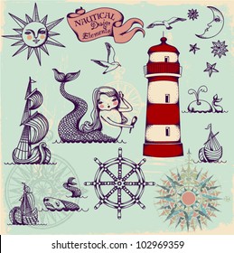 Nautical Design Elements - Whimsical set of hand drawn nautical design elements resembling medieval maritime maps