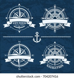 Nautical design emblems and elements set. Vector collection of marine logo illustrations.
