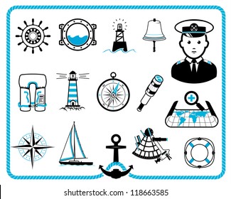 Nautical design frame and icon collection, captain character