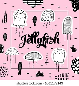Nautical Design with Jellyfish in Childish Style. Sea Underwater Creatures Background with Abstract Elements for Decoration. Vector illustration