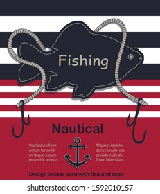 Nautical design vector card for fishing with carp and rope