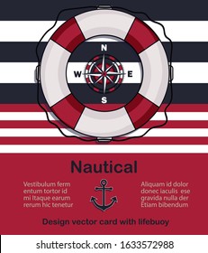 Nautical design vector card with lifebuoy and compass vector