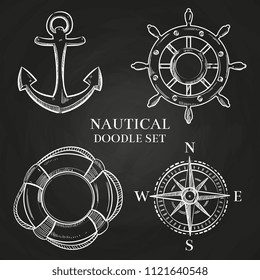 Nautical doodle elements on chalkboard. Vector handwheel, anchor, compass and lifebuoy illustration