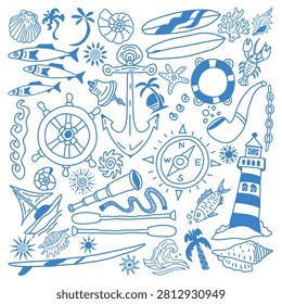 Nautical doodle line icons