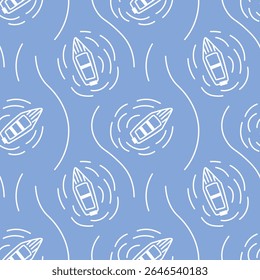Nautical doodle seamless pattern with linear boats floating in river or lake. Abstract vector illustration on blue background.