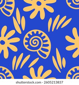 Nautical doodle seamless pattern with shells, florals and leaves in yellow