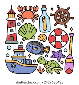 Nautical Doodle Vector Illustration, Isolated Background