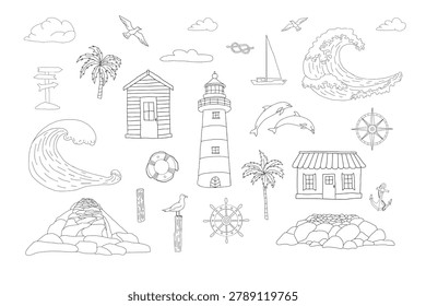 Nautical Doodle Vector illustration set of Sea and Ocean Elements. Hand drawn graphic collection of lighthouse, coastal house, waves, sea creatures, pier isolated on white background for designs.