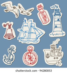 Nautical Doodles On Torn Paper- Hand Drawn Collection In Vector