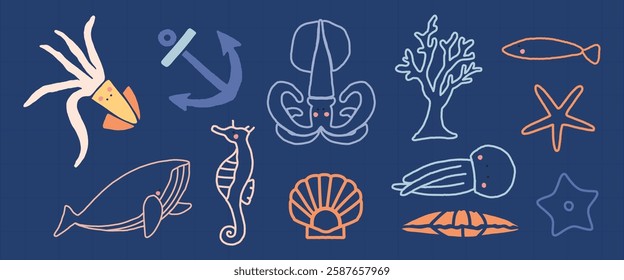 Nautical doodles of sea creatures: squid, whale, seahorse, jellyfish, starfish, fish, shell, anchor, coral. Ocean-themed illustrations in a playful style. Animal illustrations, isolated vector set.