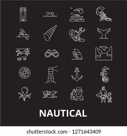 Nautical editable line icons vector set on black background. Nautical white outline illustrations, signs, symbols