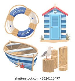 Nautical element set with boat, life preserver and beach house. Vintage wooden fishing boat. Lifebuoy. Beach house with wooden texture and burned out paint. Hand draw no ai.