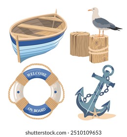 Nautical element set with seagulls, fishing boat and anchor. Wooden vintage fishing boat. Marine lifebuoy with ropes and caption Welcome on board. Illustrated vector clipart. 