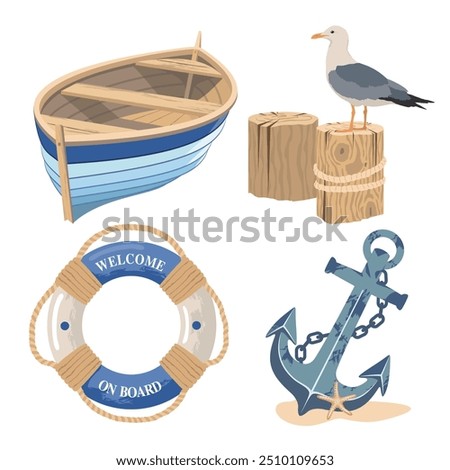 Nautical element set with seagulls, fishing boat and anchor. Wooden vintage fishing boat. Marine lifebuoy with ropes and caption Welcome on board. Illustrated vector clipart. 