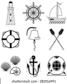 Nautical Elements  1 Including  Boat Bell, Boat, Oars, Rudder, Vintage Diving Mask, Life Ring, Light House, Sea Shells And Anchor
